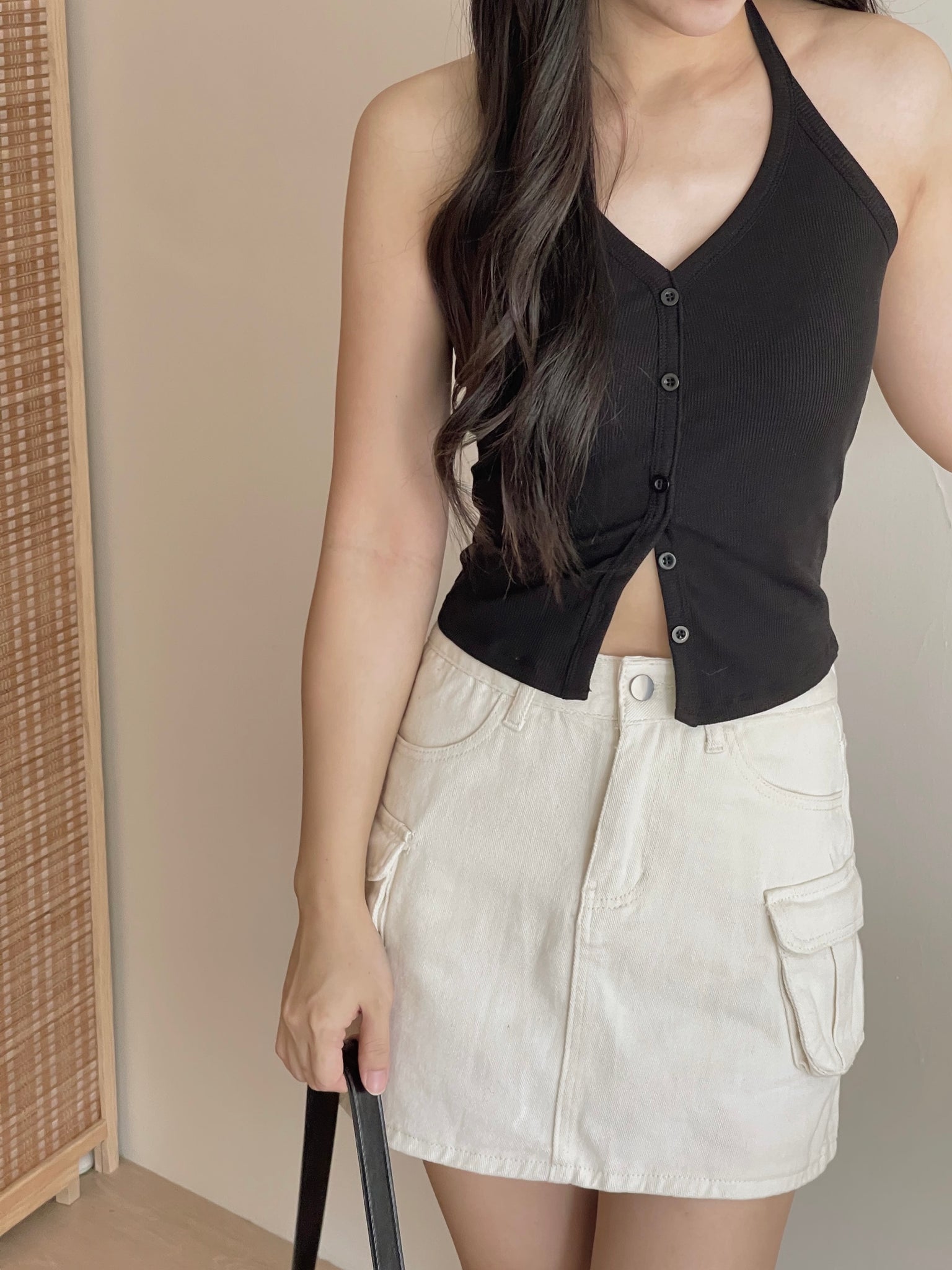 Button Halterneck Padded Top / 纯欲挂脖胸垫背心