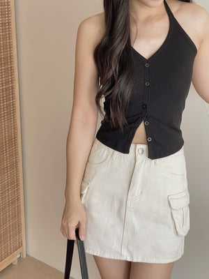 Button Halterneck Padded Top / 纯欲挂脖胸垫背心