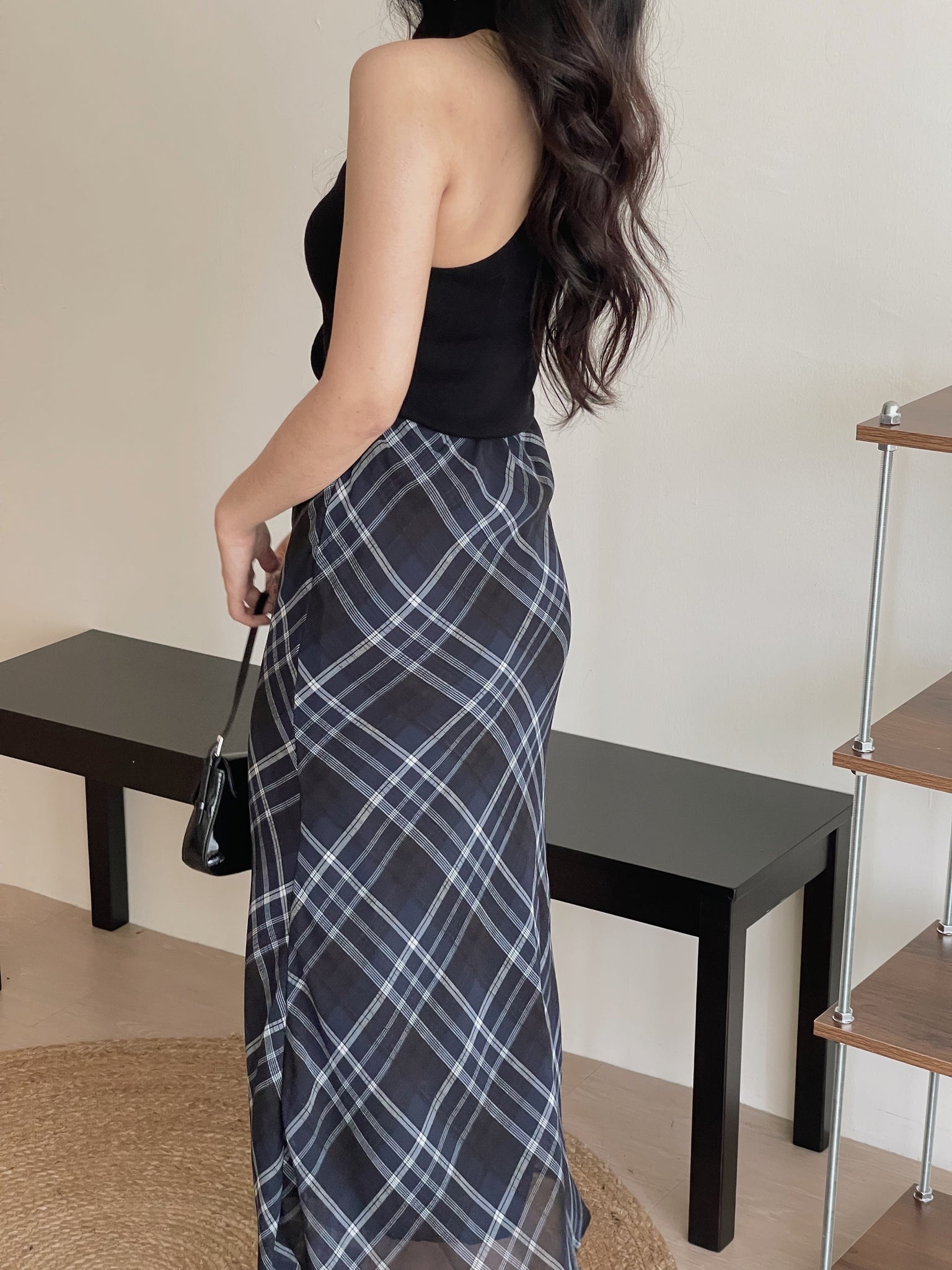 Soft Plaid Mesh Fishtail Skirt / 文艺格纹薄纱鱼尾裙