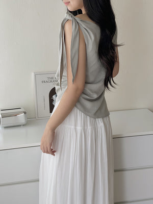 Wide Shoulder Ribbon Top / 宽领单肩系带不规则小衫