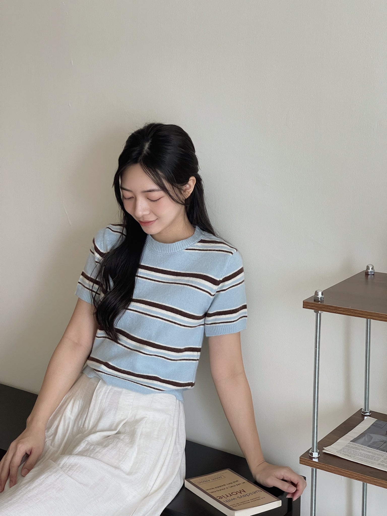 Korean Knit Round Tee / 横条撞色圆领毛衣T恤