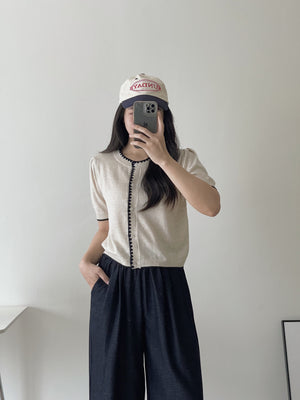 Flower Edge Knit Top / 圆领花边条针织开衬