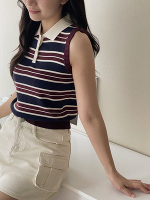 Marilyn Contrast Knit Top / 撞色条纹翻领针织背心
