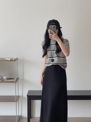 Korean Knit Round Tee / 横条撞色圆领毛衣T恤