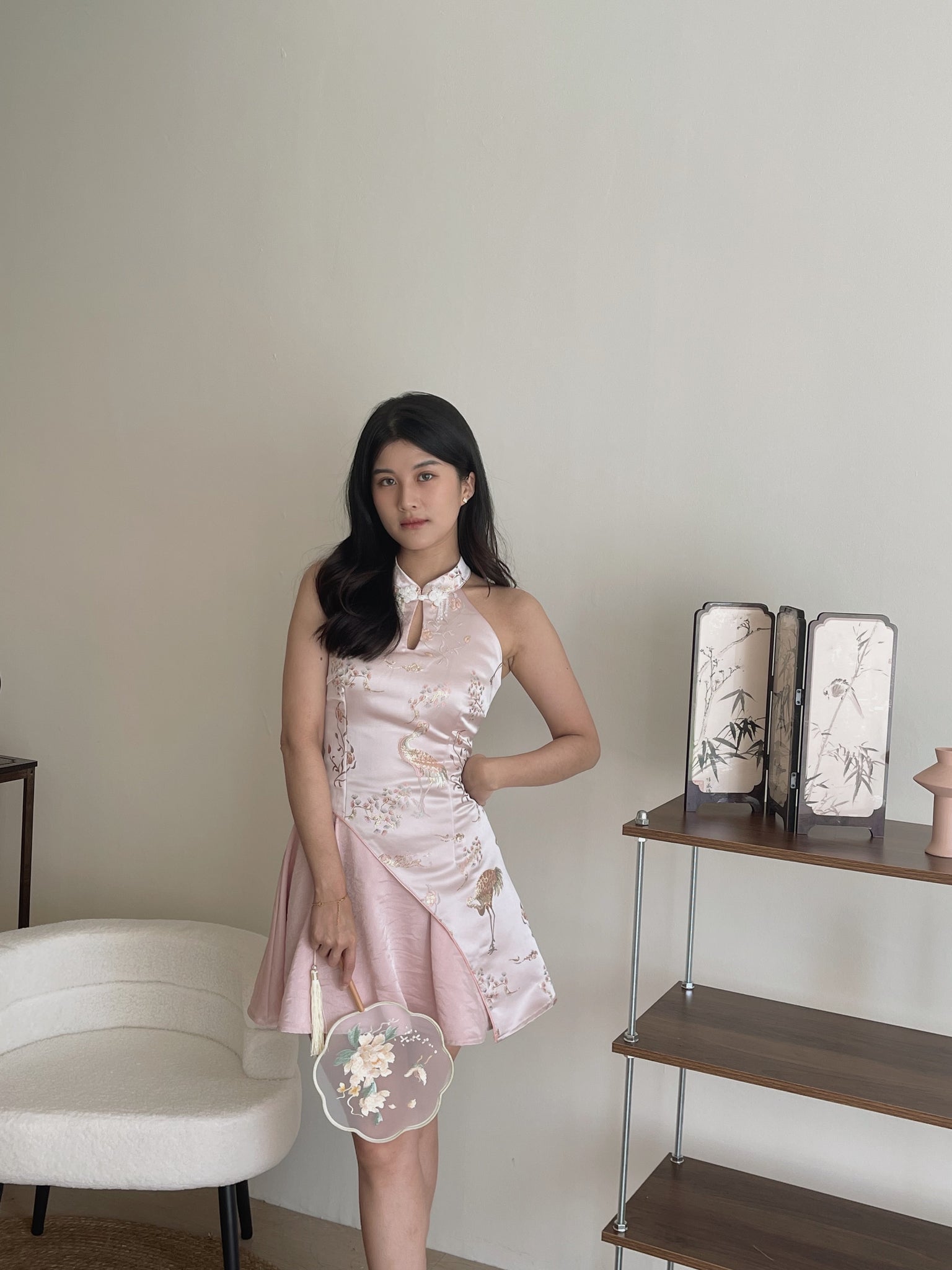 Dreamy Blossom Cheongsam Dress / 绮梦花锦挂脖拼接旗袍裙