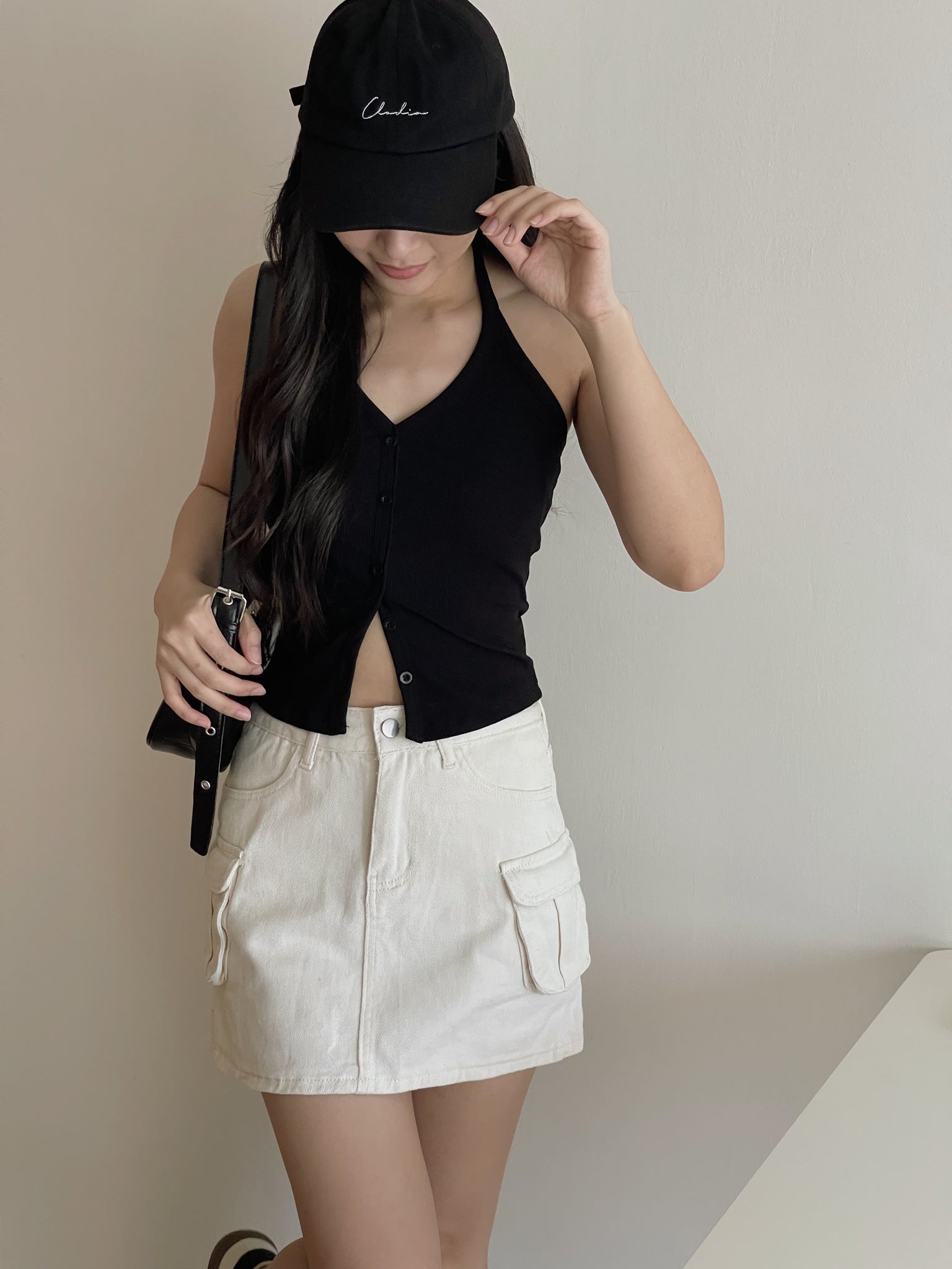 Button Halterneck Padded Top / 纯欲挂脖胸垫背心