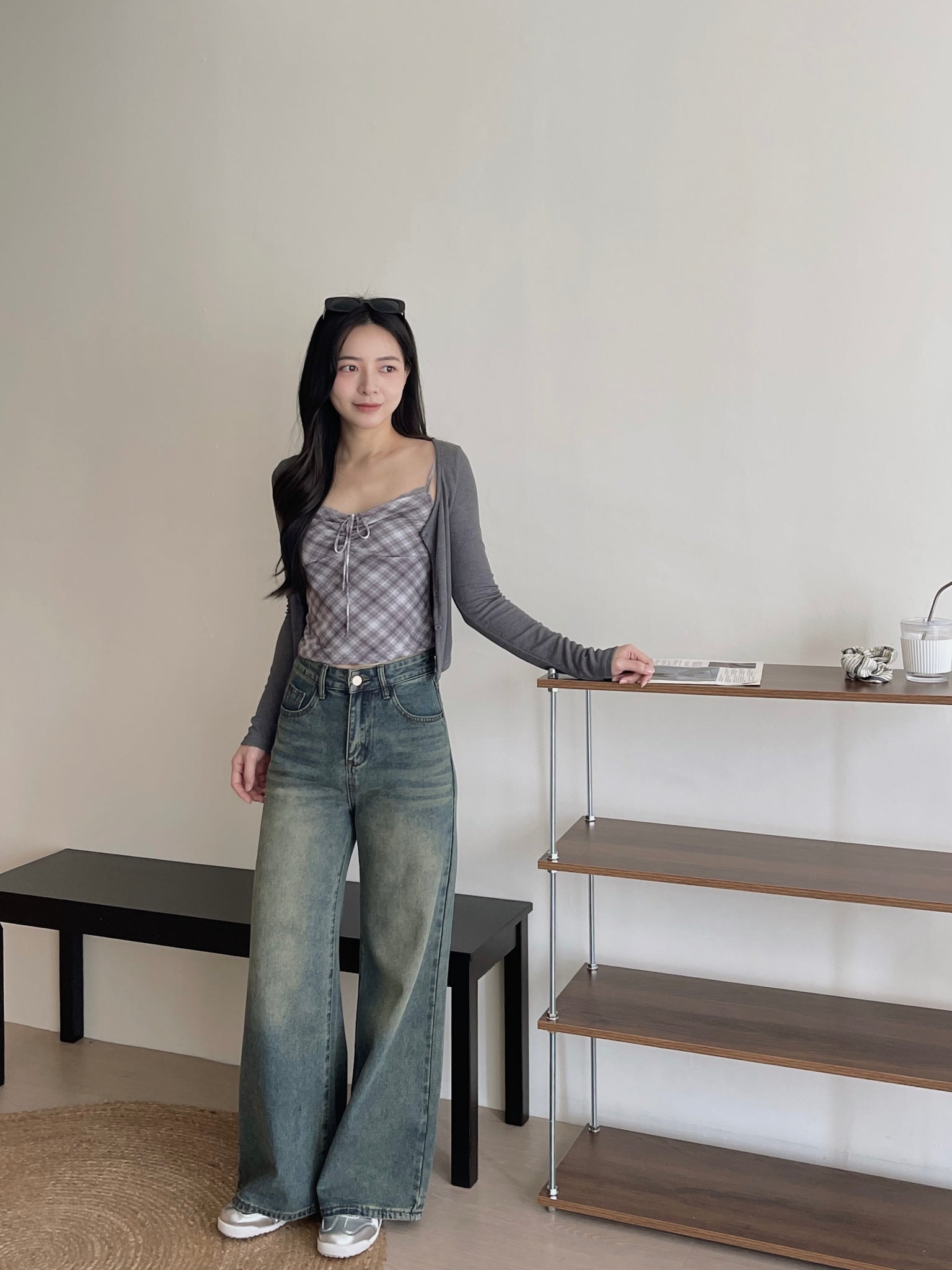 Vintage Checkered Top Set / 复古格子吊带开衫上衣