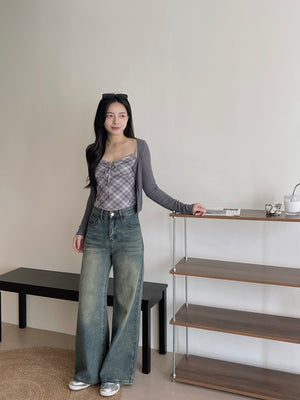 Vintage Checkered Top Set / 复古格子吊带开衫上衣