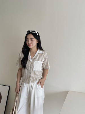 Stripes Linen Crop Shirt / 条纹翻领棉麻短衬