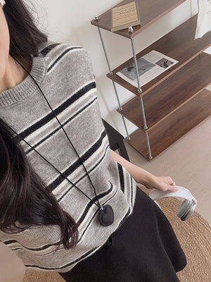 Korean Knit Round Tee / 横条撞色圆领毛衣T恤