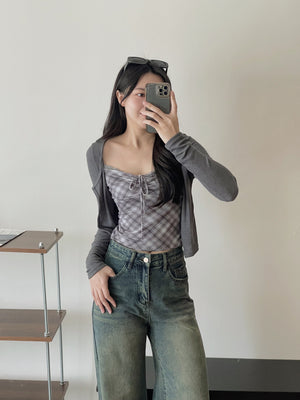 Vintage Checkered Top Set / 复古格子吊带开衫上衣