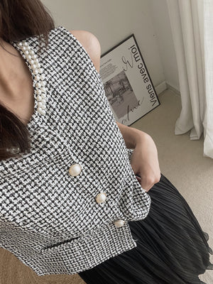 Pearl Tweed Vest / 名媛风钉珍珠马甲