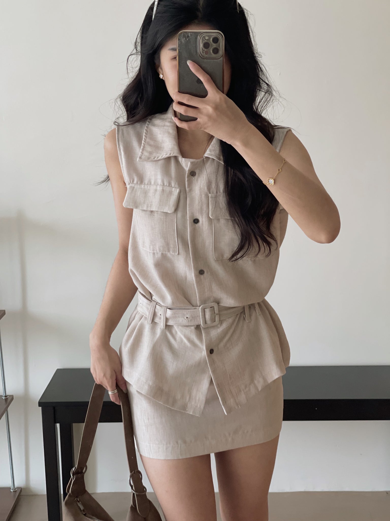 Minimalist Belted Set / 优雅系带无袖衬衫两件套