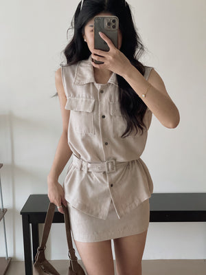 Minimalist Belted Set / 优雅系带无袖衬衫两件套