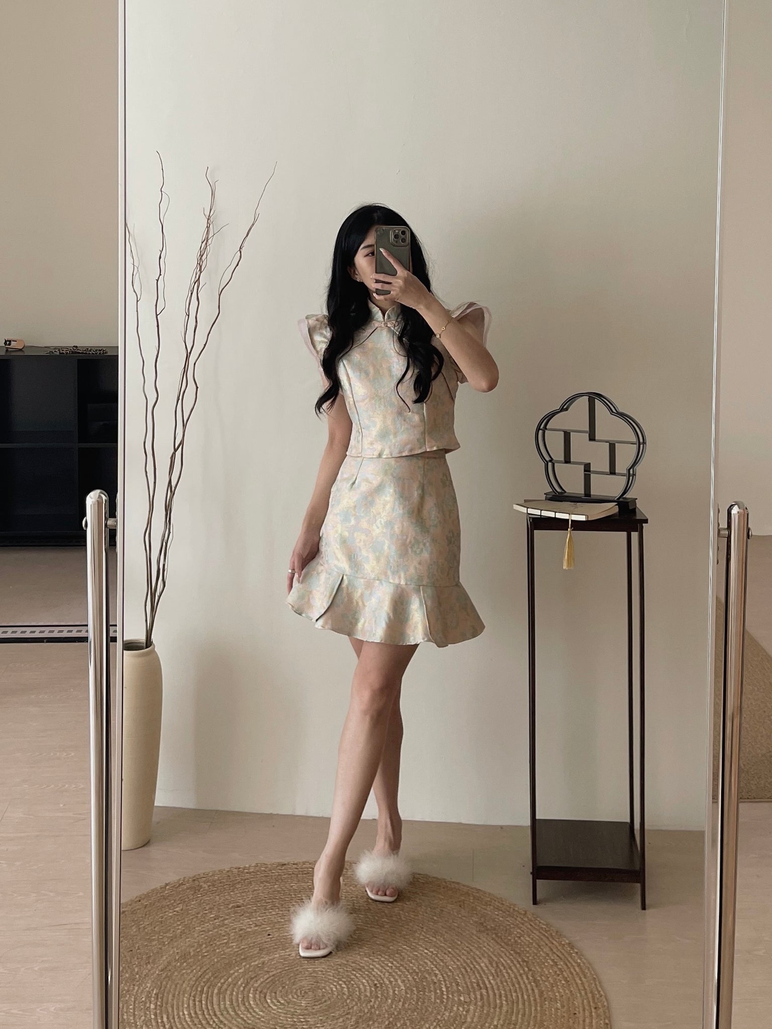 Imperial Grace Qipao Set / 锦霞灿影-盘扣对襟肩纱袖旗袍套装
