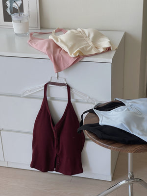 Button Halterneck Padded Top / 纯欲挂脖胸垫背心