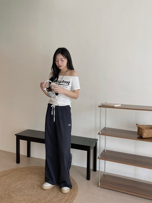 Letter Print  Slanted Shoulder Tee / 美式字母宽肩斜肩T恤
