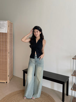 Collared Split Slim Top / 辣妹Polo领排扣修身小衫
