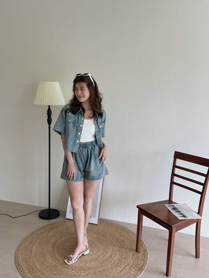 Denim Short Set / 排扣双口袋牛仔两件套