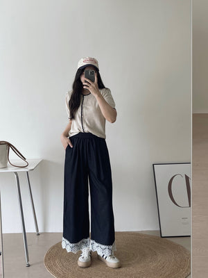 Hem Spliced Lace Pants / 蕾丝拼接花边阔腿裤