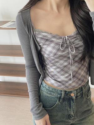 Vintage Checkered Top Set / 复古格子吊带开衫上衣