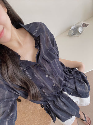 Navy Casual Striped Shirt / 慵懒宽松线条抽绳衬衫