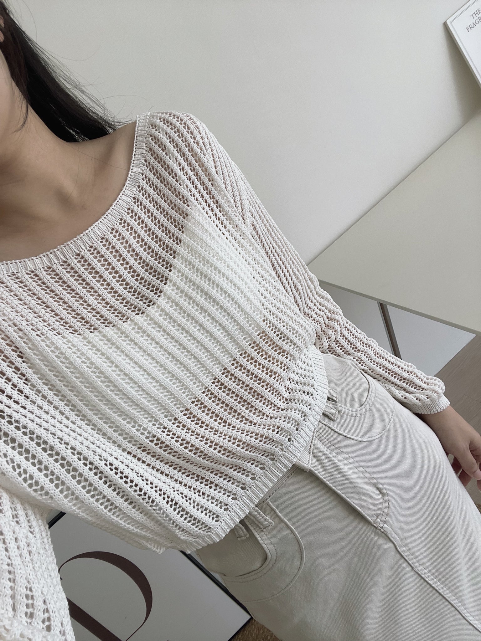 Hollow Wide Shoulder Top / 镂空落肩长袖衫