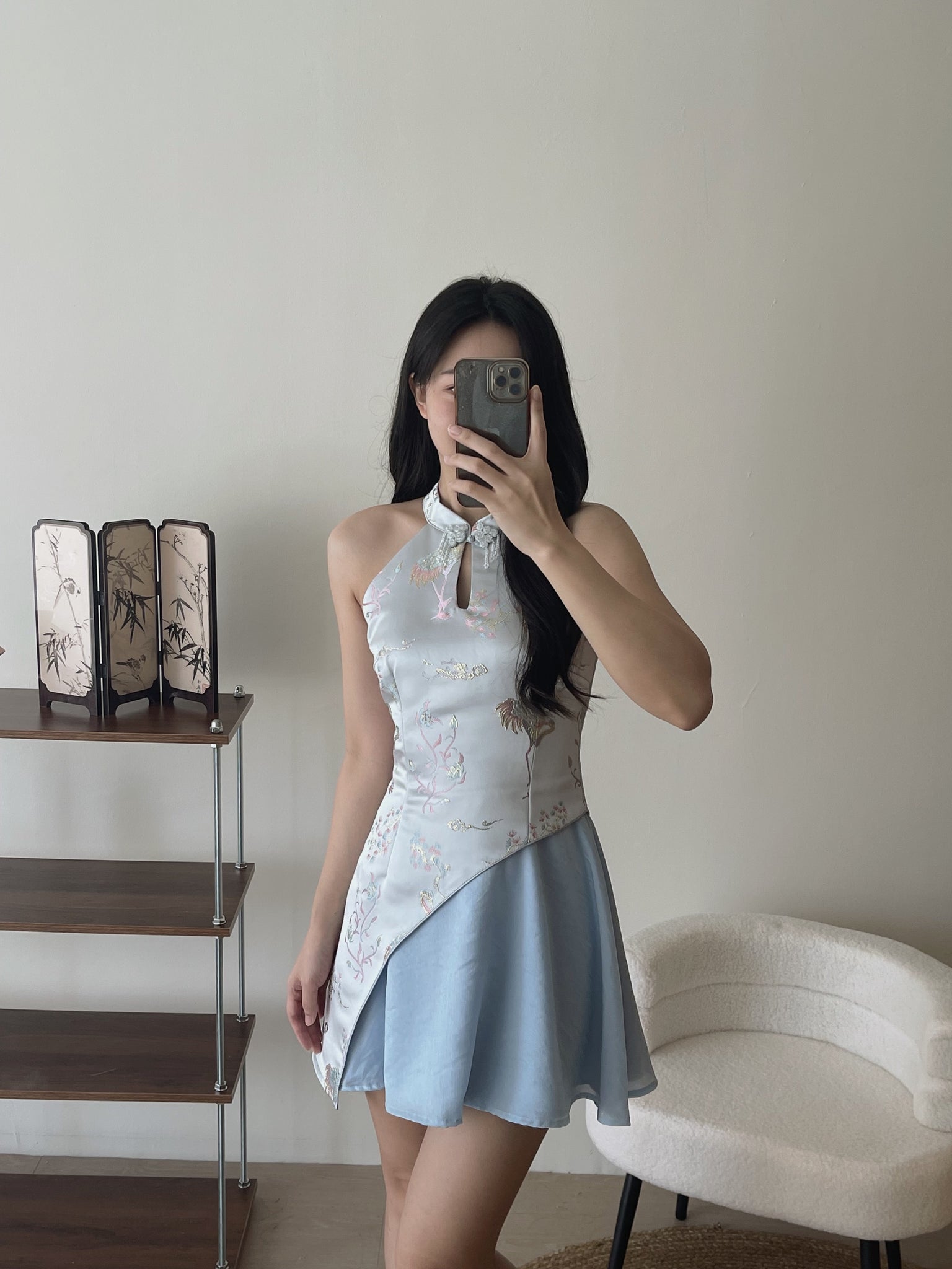 Dreamy Blossom Cheongsam Dress / 绮梦花锦挂脖拼接旗袍裙