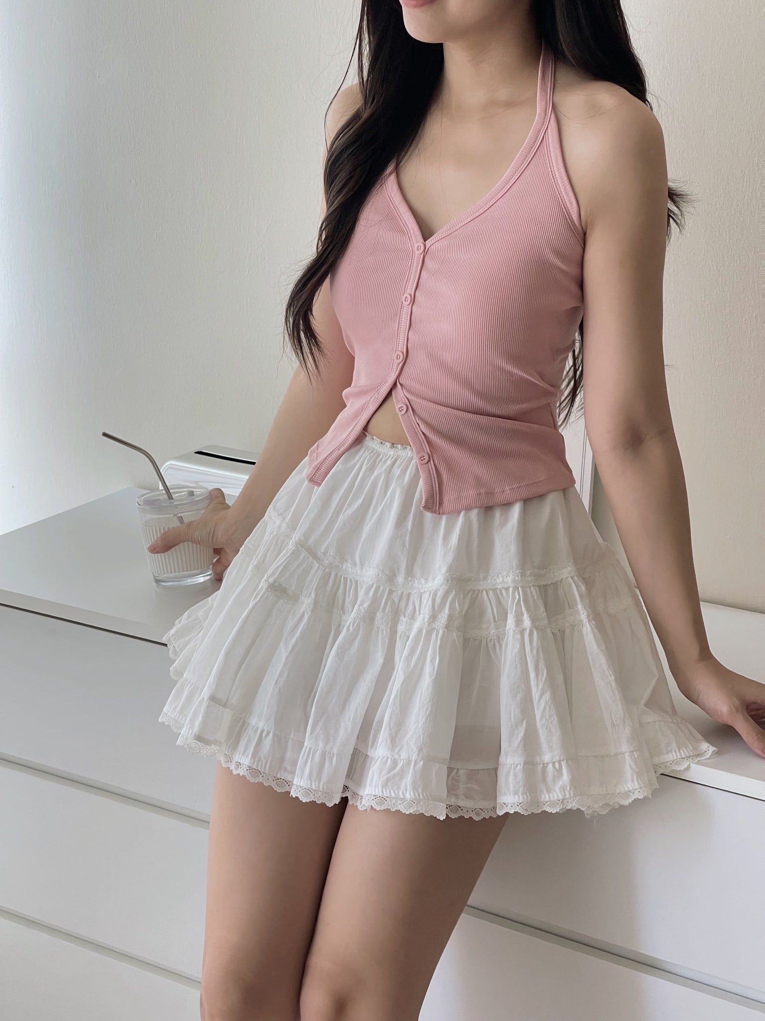 Button Halterneck Padded Top / 纯欲挂脖胸垫背心