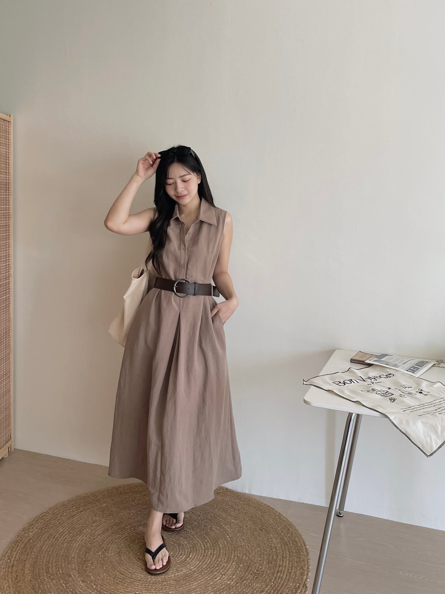 Vintage Belt Maxi Dress / 复古腰带棉麻衬衫长裙