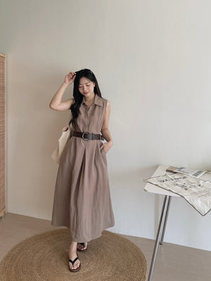 Vintage Belt Maxi Dress / 复古腰带棉麻衬衫长裙