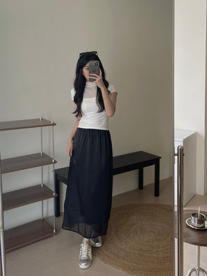 Satin Mesh Layers Skirt / 欧根纱缎面双层半身裙