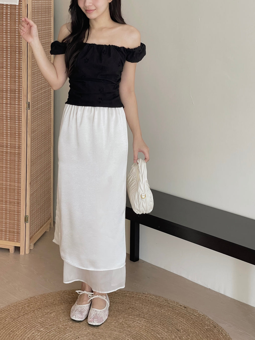 Satin Mesh Layers Skirt / 欧根纱缎面双层半身裙