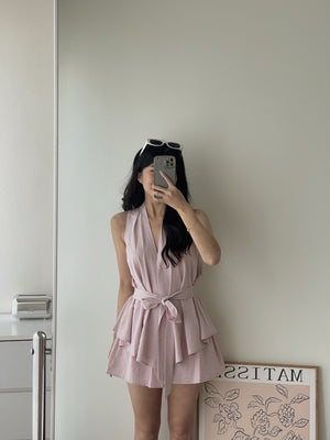 Peplum Sweet Top Set / V领收腰阔腿短裤套装
