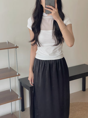 Mesh Spliced Cotton Tee / 网纱拼接半高领棉T恤