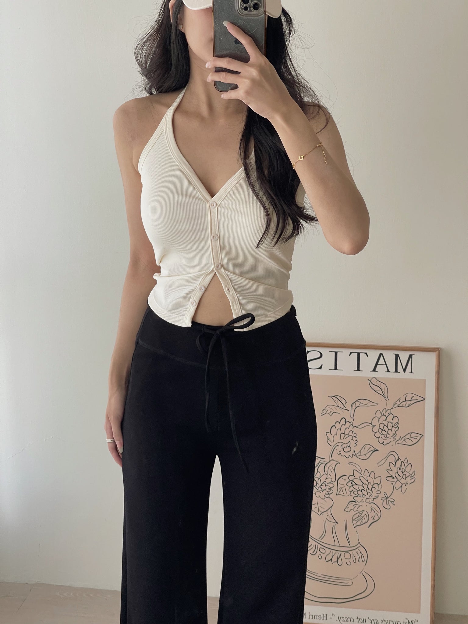 Button Halterneck Padded Top / 纯欲挂脖胸垫背心