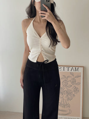 Button Halterneck Padded Top / 纯欲挂脖胸垫背心