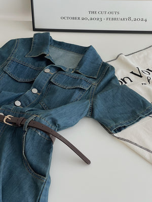 Collar Belted Denim Dress / 港风复古翻领牛仔裙