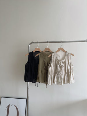 Ribbon Pleated Top / 麻料百褶蝴蝶结上衣