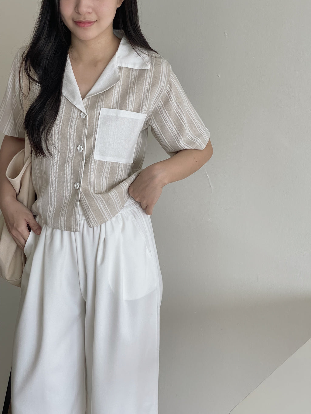 Stripes Linen Crop Shirt / 条纹翻领棉麻短衬