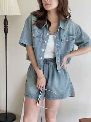 Denim Short Set / 排扣双口袋牛仔两件套