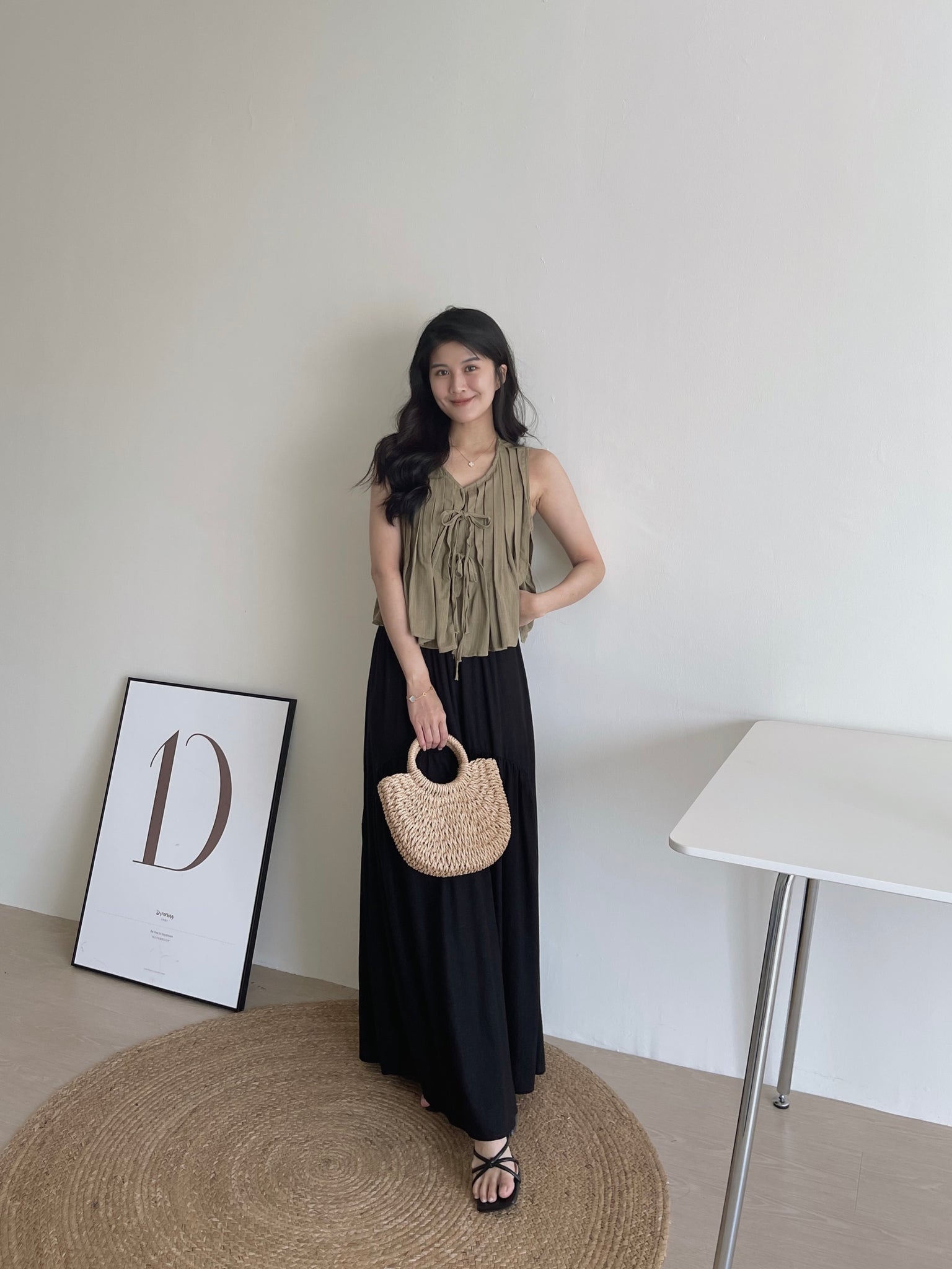 Ribbon Pleated Top / 麻料百褶蝴蝶结上衣