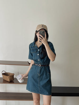 Collar Belted Denim Dress / 港风复古翻领牛仔裙