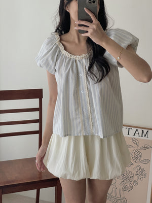 Airy Strip Puff Blouse / 泡泡袖条纹上衣