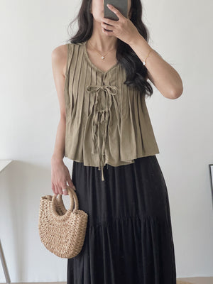 Ribbon Pleated Top / 麻料百褶蝴蝶结上衣