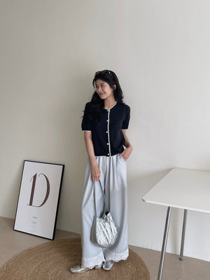 Hem Spliced Lace Pants / 蕾丝拼接花边阔腿裤