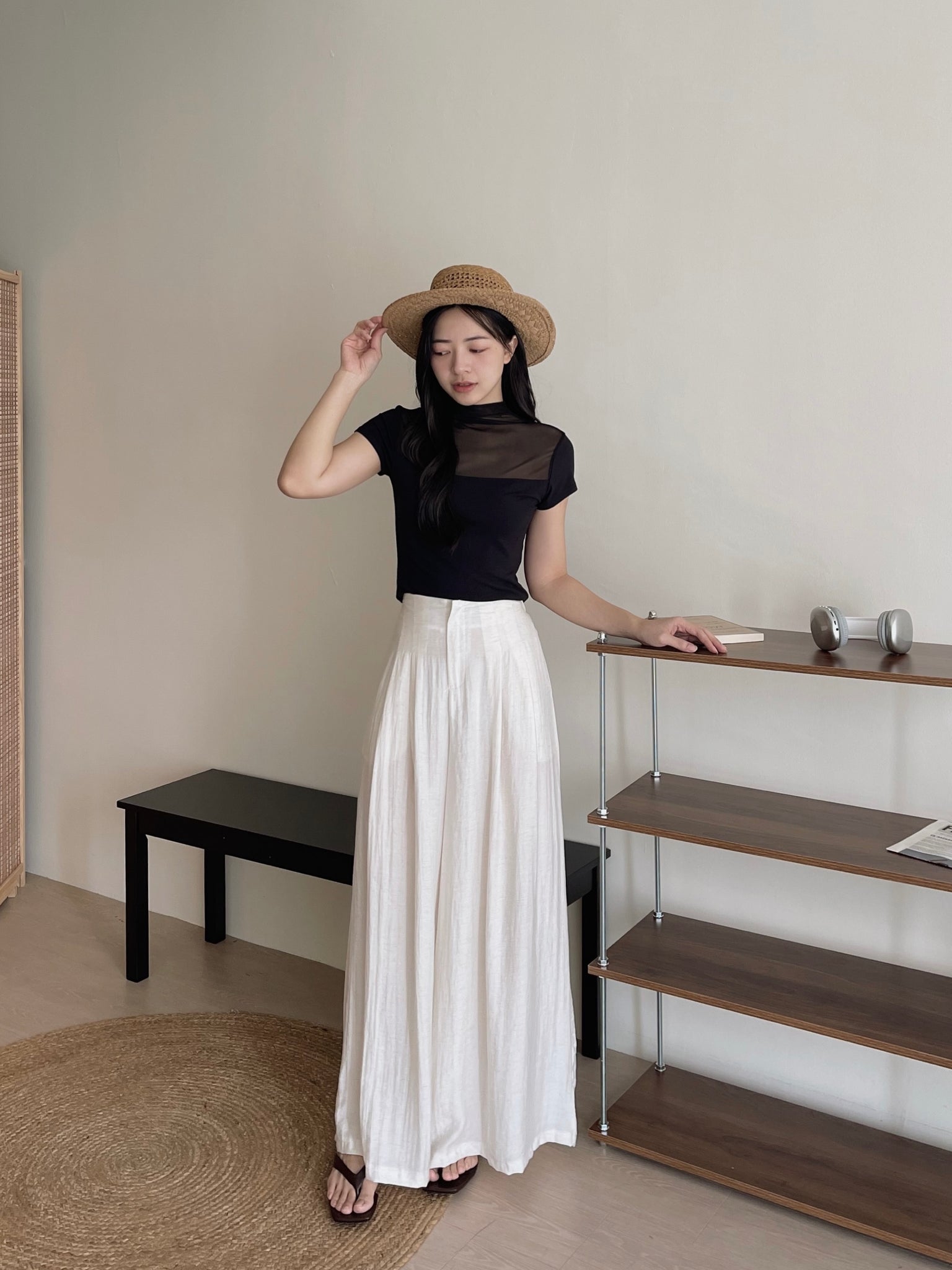 Mesh Spliced Cotton Tee / 网纱拼接半高领棉T恤