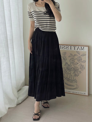 Korean Stripes Knit Top / 条纹针织方领T恤