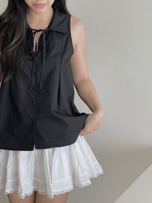 Collar Sleeveless Shirt / 系带翻领宽摆上衣