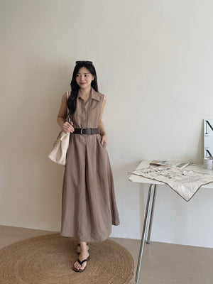 Vintage Belt Maxi Dress / 复古腰带棉麻衬衫长裙